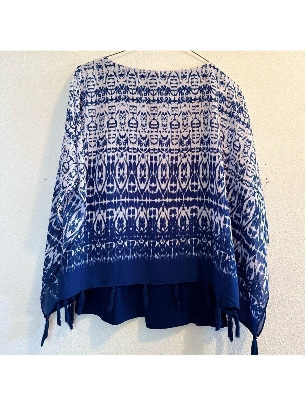 Ruby Rd. Boho Abstract Tunic Blouse Blue & White Kimono Sleeves, PETITE Medium - Picture 14 of 15